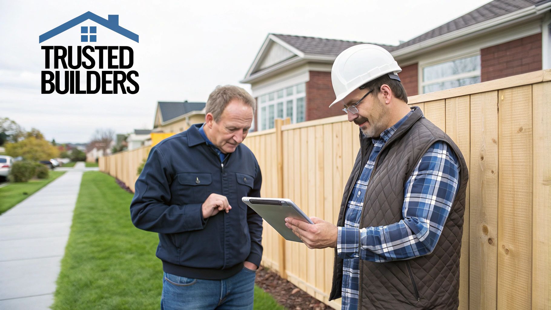 Two men, one in a hard hat, reviewing plans on a tablet next to a new wooden fence.