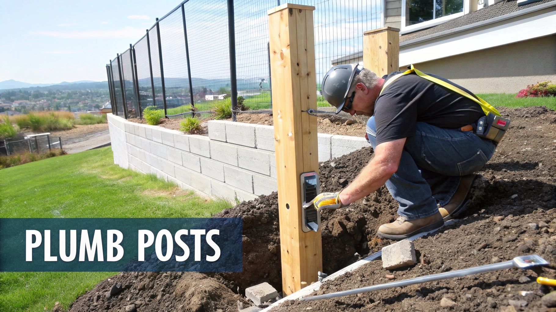 Construction worker in hard hat installing and plumbing a wooden fence post on a sloped yard.