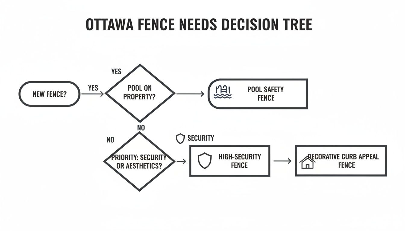 Decision tree for Ottawa fence needs, guiding users through choices for pool safety, security, or aesthetics.