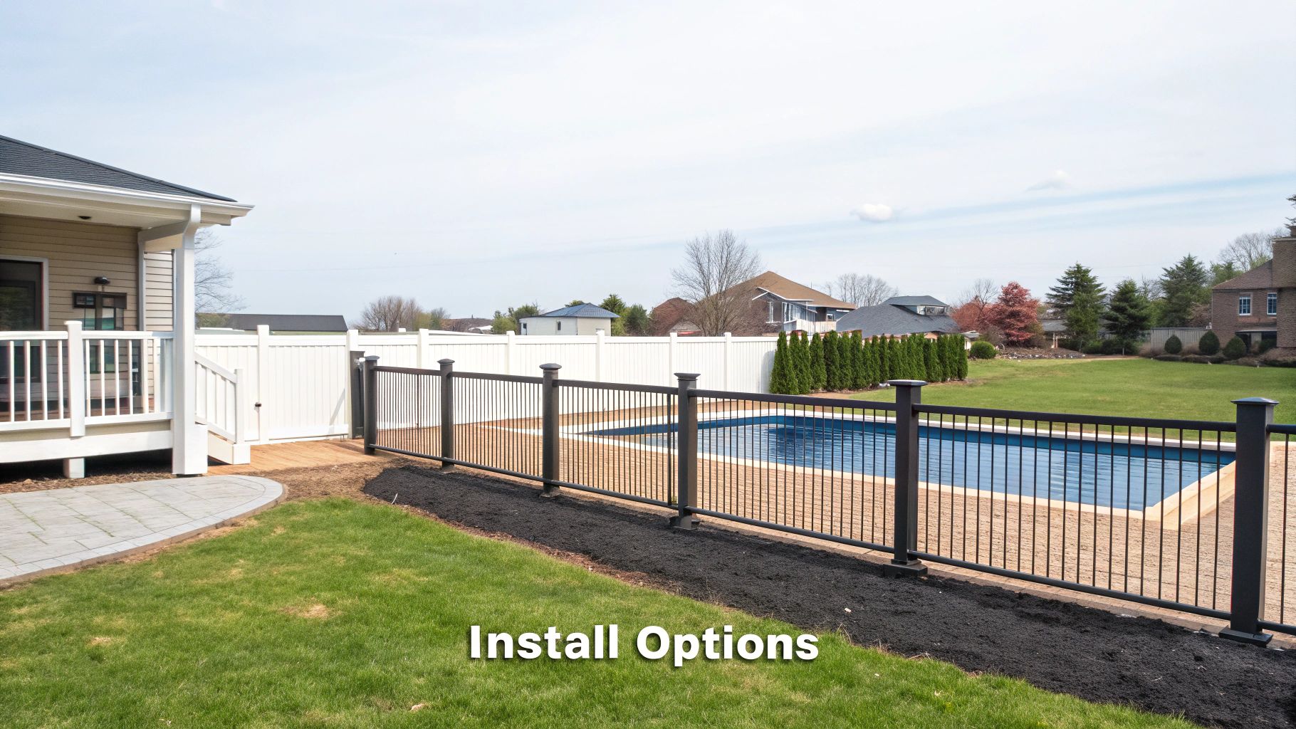 An above ground pool with a seamless deck-mounted fence.