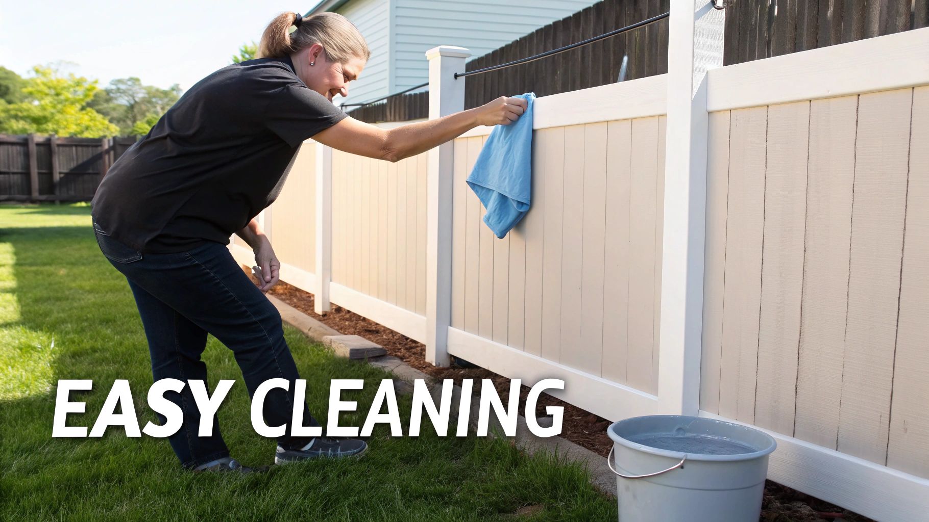 Smiling person wiping down a beige PVC fence with a cloth and bucket, showing easy upkeep.