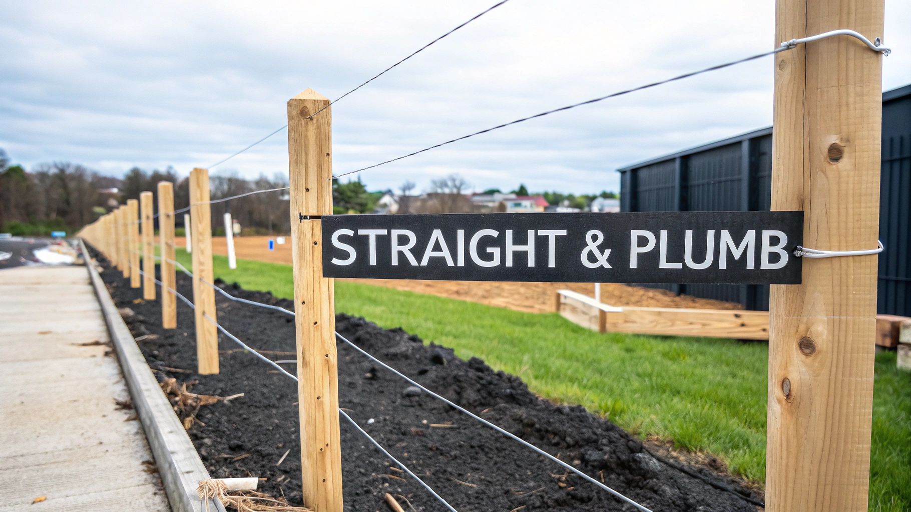 A freshly installed fence with wooden posts, wires, and a sign reading 'STRAIGHT &amp; PLUMB'.