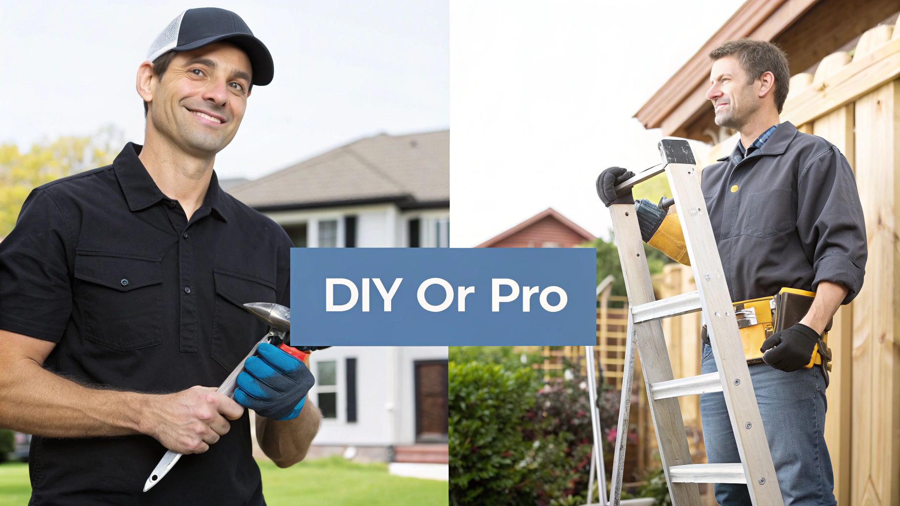 A split image showing a smiling man holding a tool and another man with a ladder, illustrating DIY or professional home improvement.