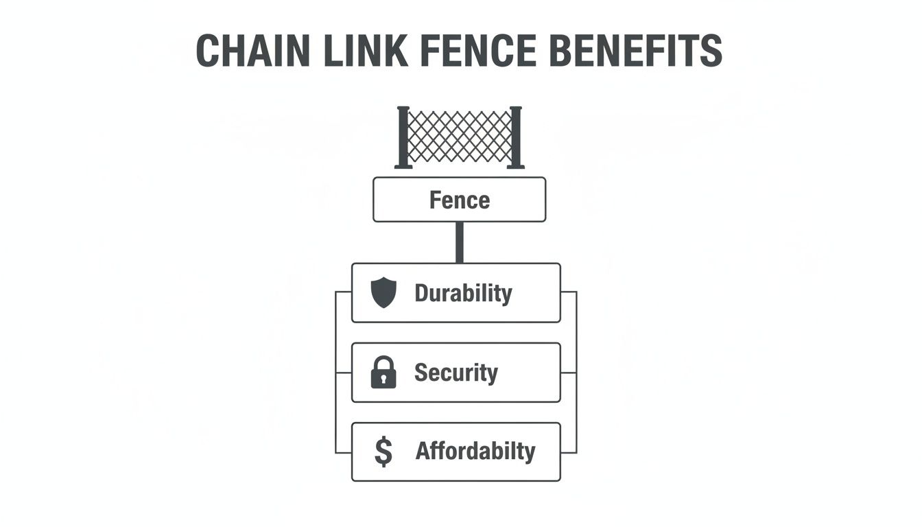 An infographic showing the key benefits of chain link fences, including durability, security, and affordability.
