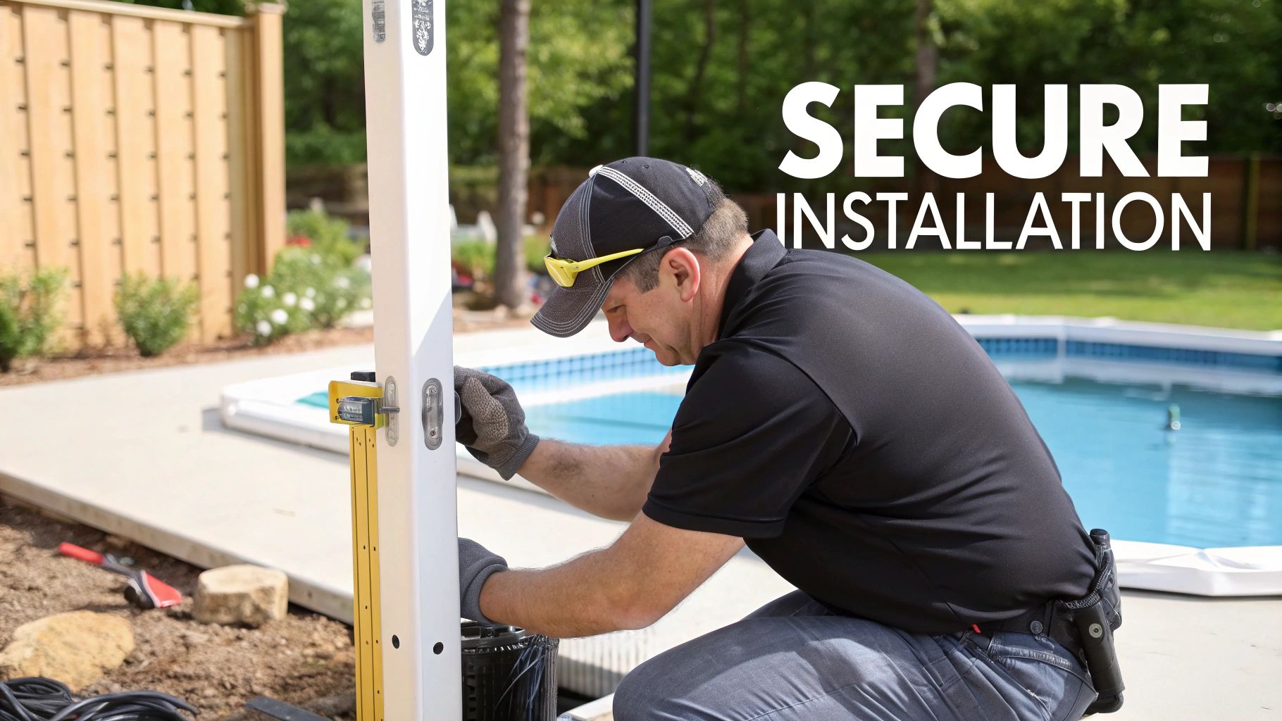 A man in a cap and gloves meticulously installs a white fence post near a pool, ensuring secure installation.