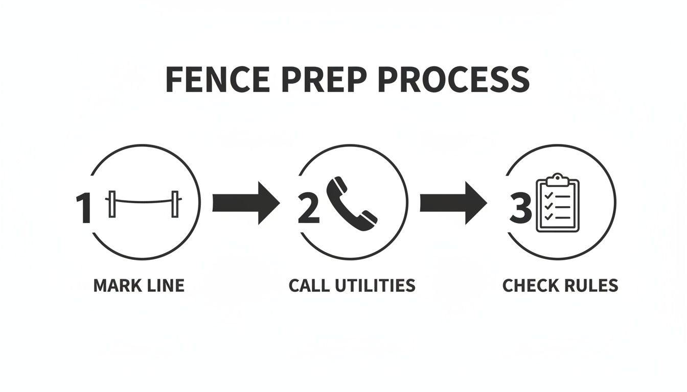 A three-step fence preparation process flowchart showing marking the line, calling utilities, and checking rules.