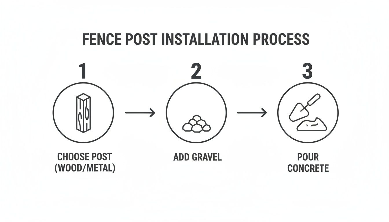 Diagram illustrating a three-step fence post installation process: choose post, add gravel, and pour concrete.