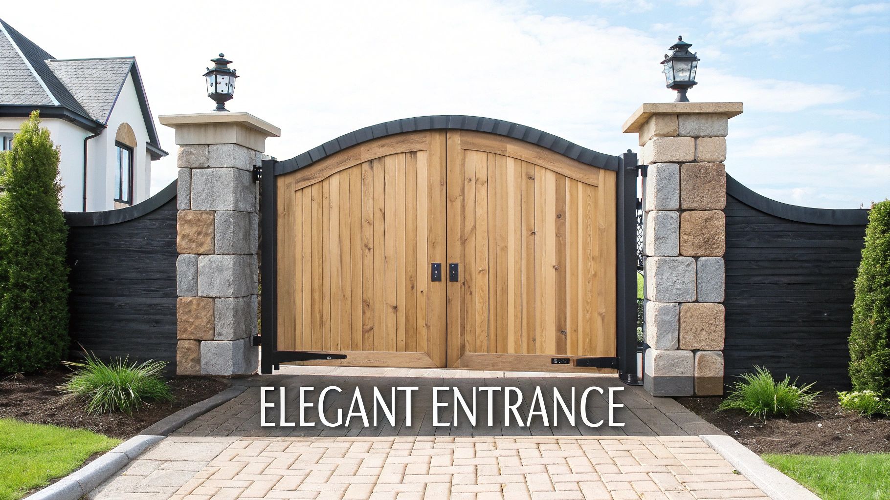 An elegant wooden double gate with stone pillars and lanterns, leading to a paved driveway.