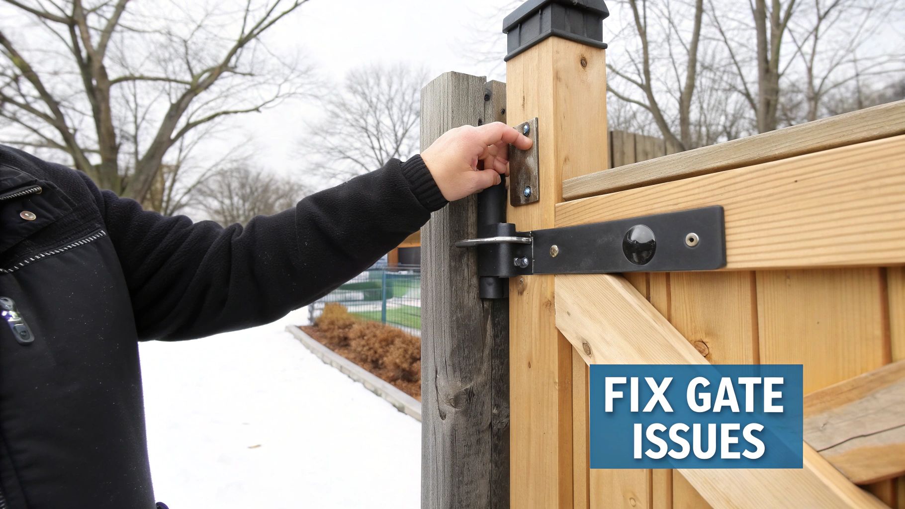 A person's hand operates a black gate closure on a wooden fence post in a snowy outdoor setting.