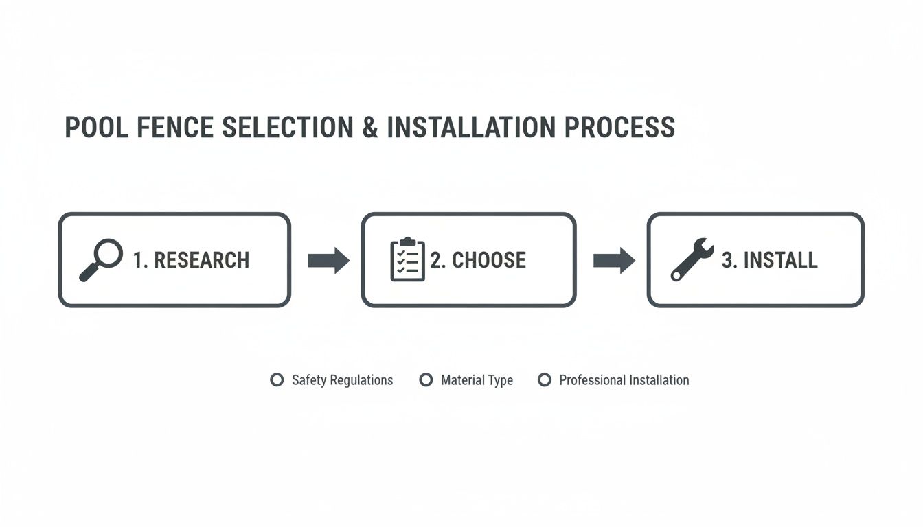 Diagram showing the three-step pool fence selection and installation process with key considerations.