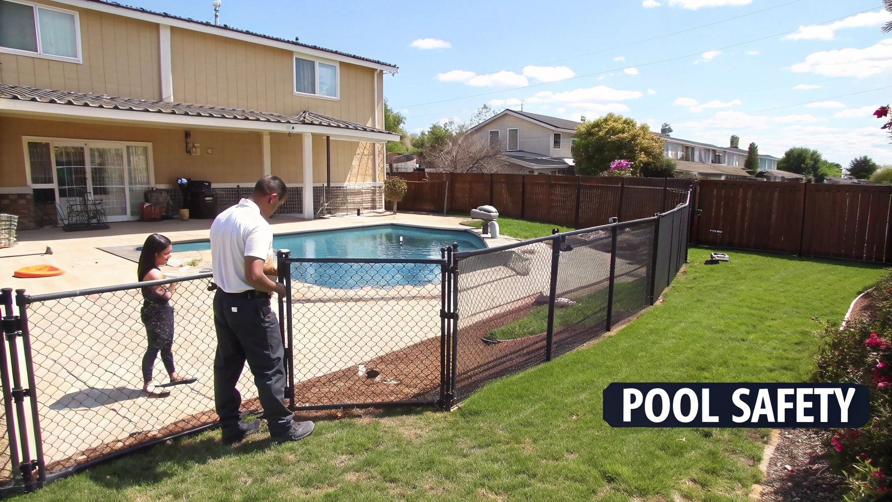 A man and a girl stand by a black fence enclosing a backyard swimming pool.