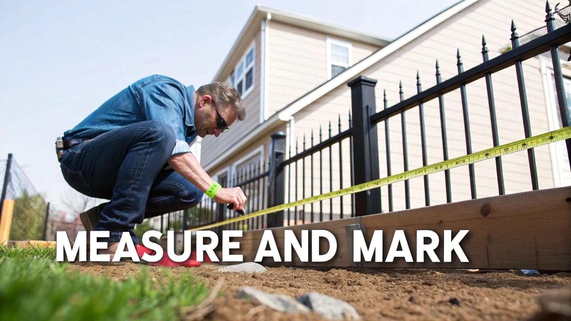 A man in denim measures and marks a wooden board next to a fence with a tape measure.
