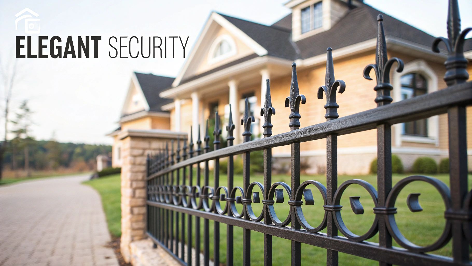 A detailed view of an elegant black wrought iron fence in front of a grand house.