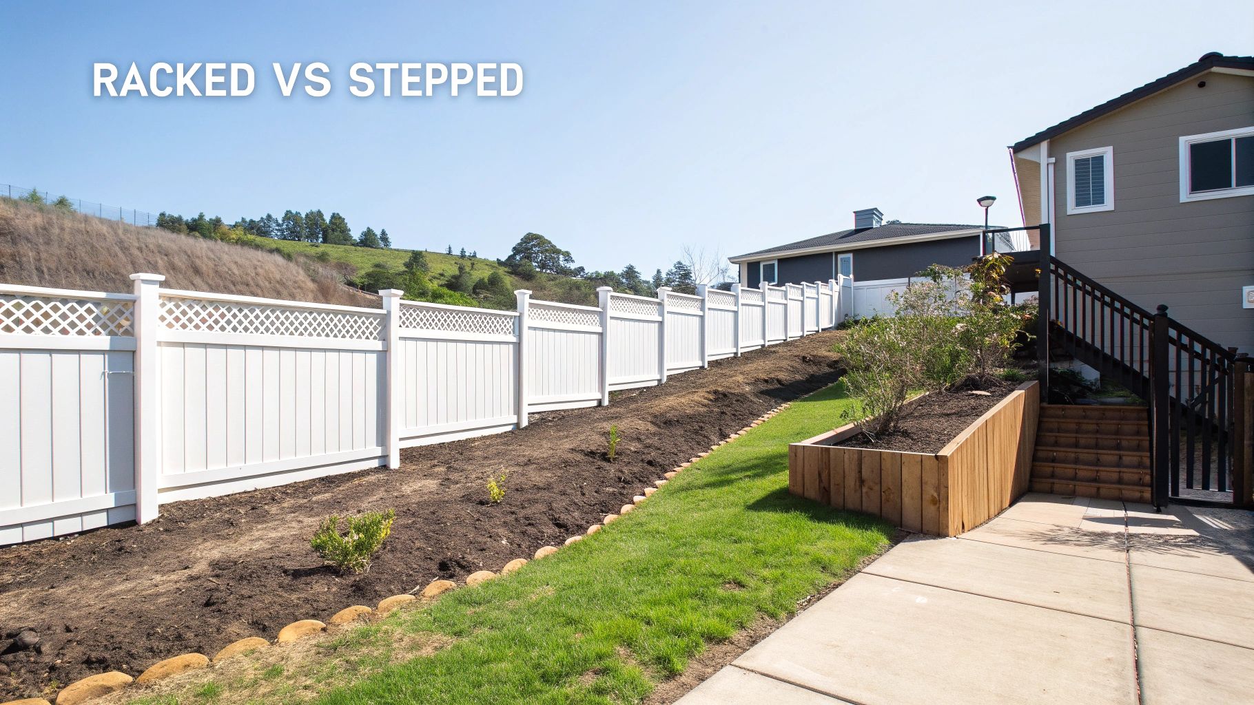 White vinyl fence with lattice top installed in a stepped pattern down a green grassy slope.