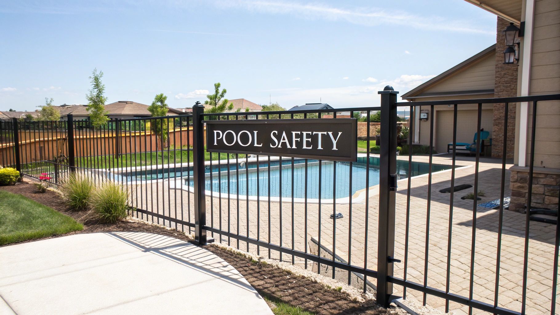 A black metal fence with a "POOL SAFETY" sign encloses a residential swimming pool area on a sunny day.