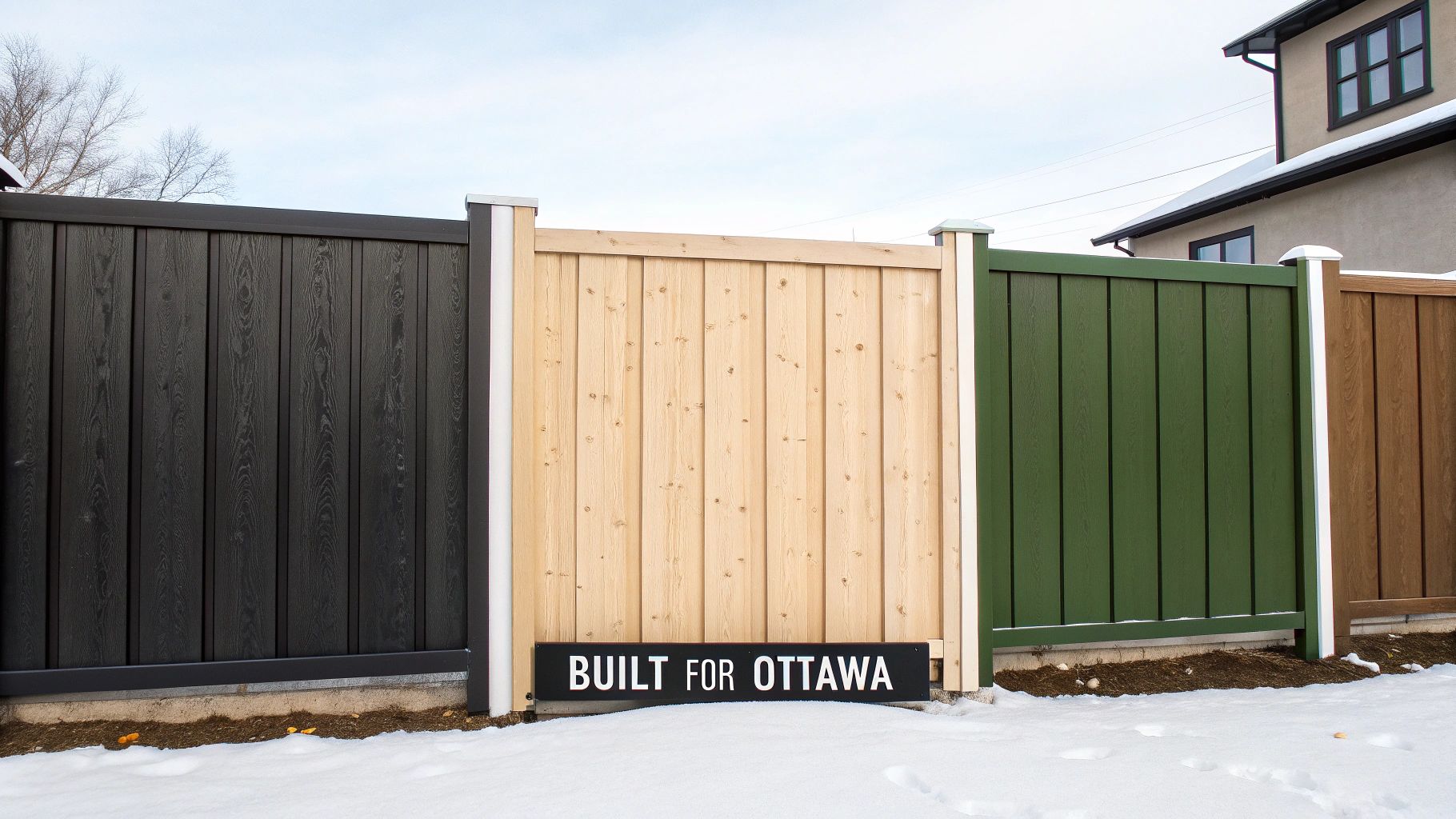 An above ground pool with a modern black fence and a wooden deck.