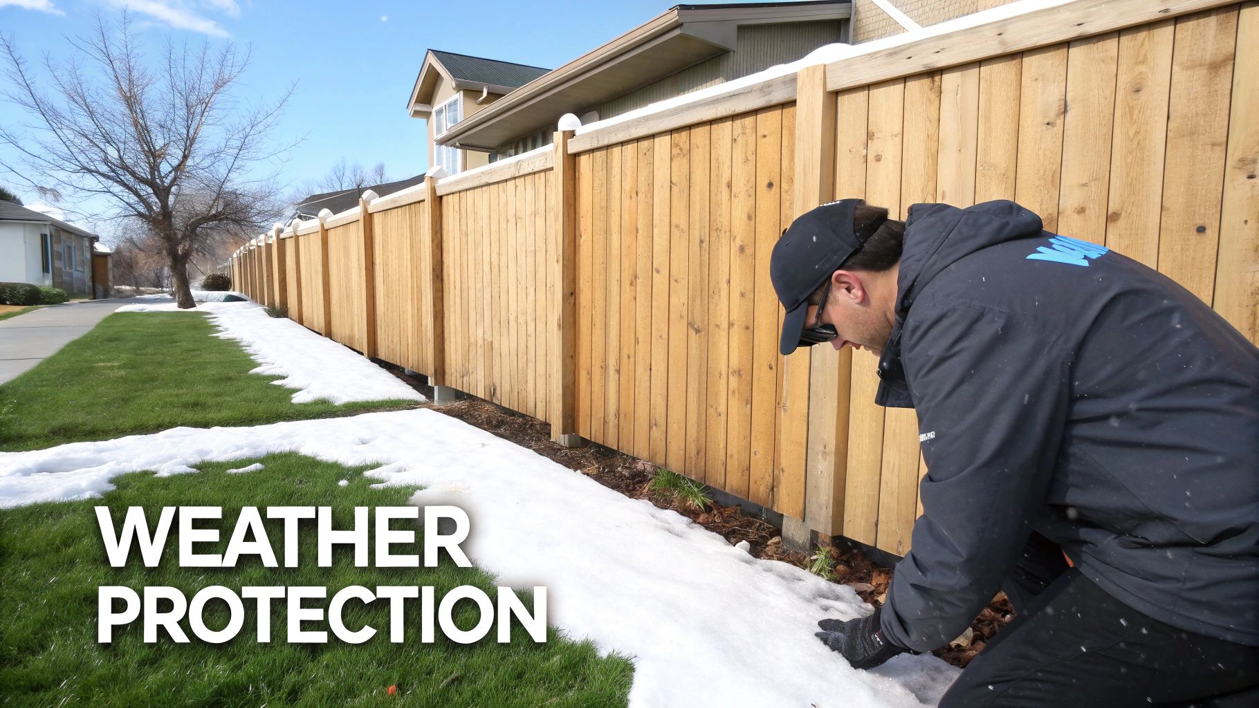 A man inspects the base of a new wooden fence with snow and green grass, for weather protection.