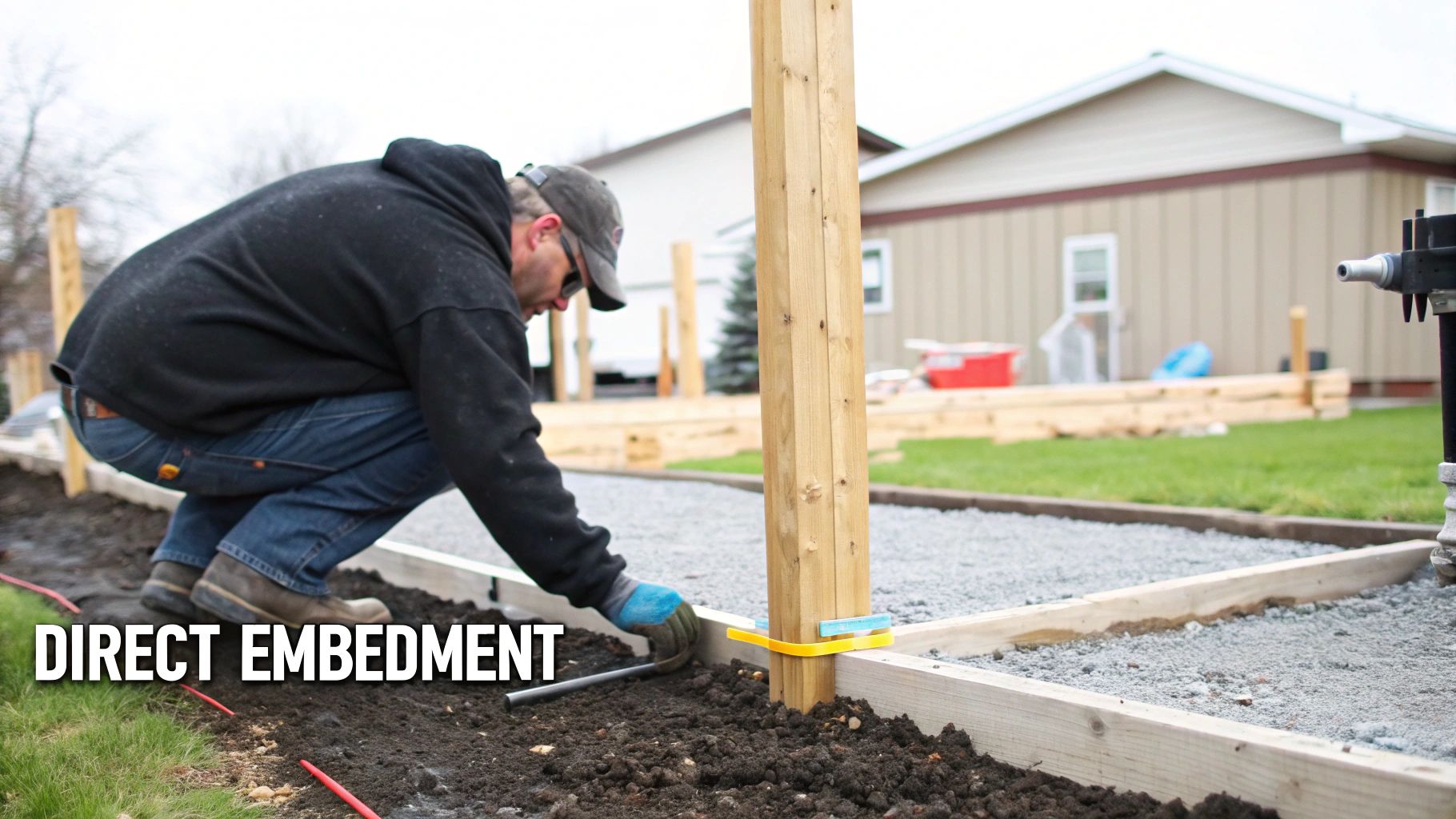 A person directly embeds a wooden post into the soil for a fence or structure construction project.