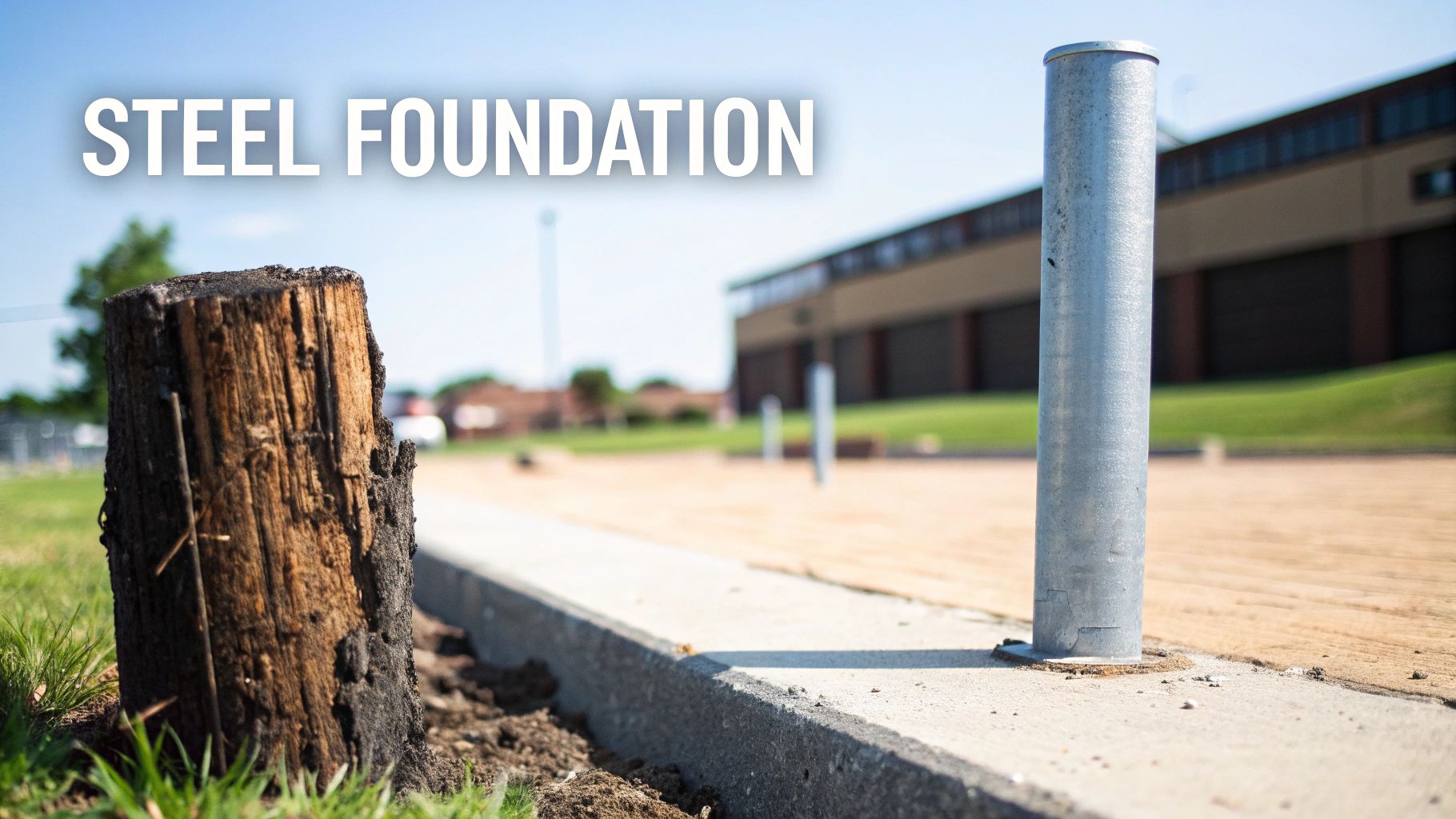 A close-up of a weathered wooden post next to a shiny steel foundation pole on a sunny day with a building in the background.