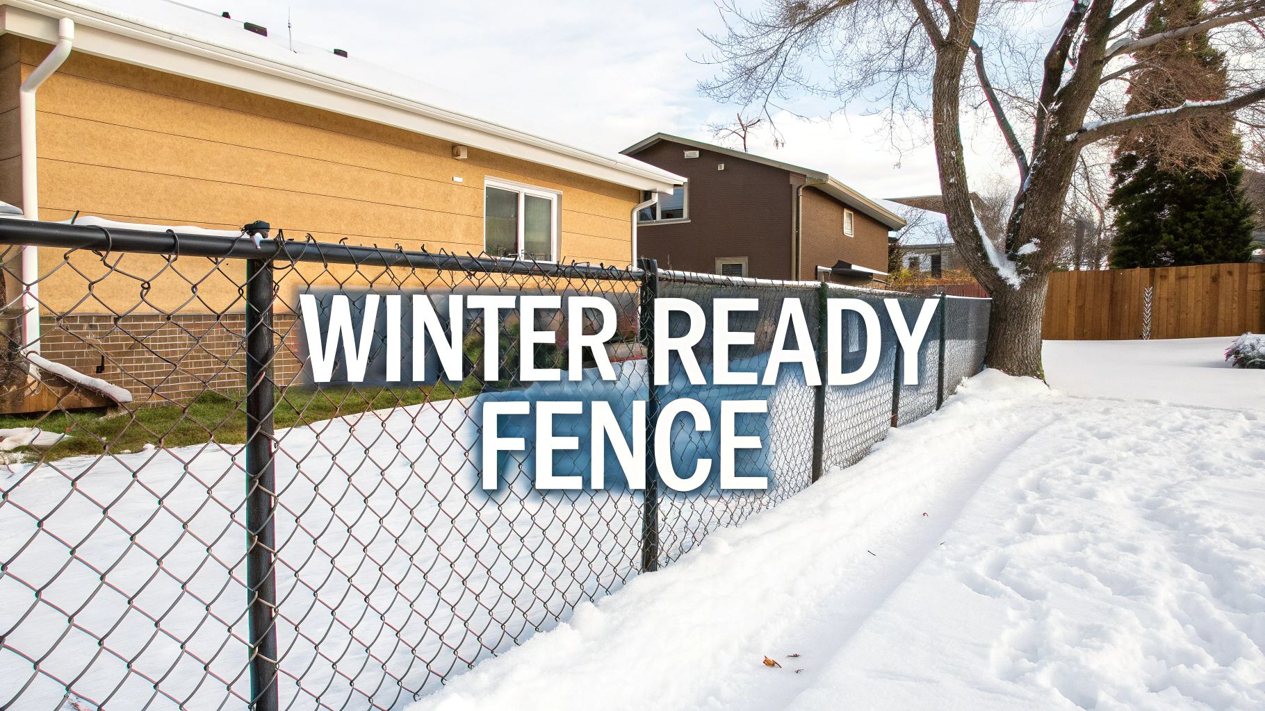 A black chain-link fence in a snow-covered backyard with houses in winter, featuring 'Winter Ready Fence' text.