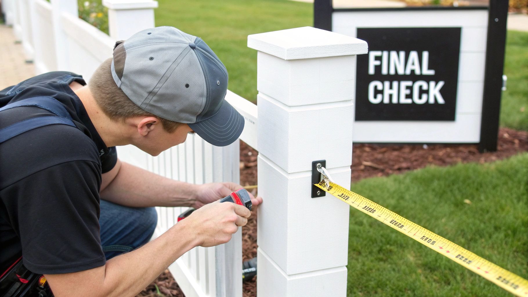 A man in a hat carefully measures a white vinyl fence post with a tape measure.