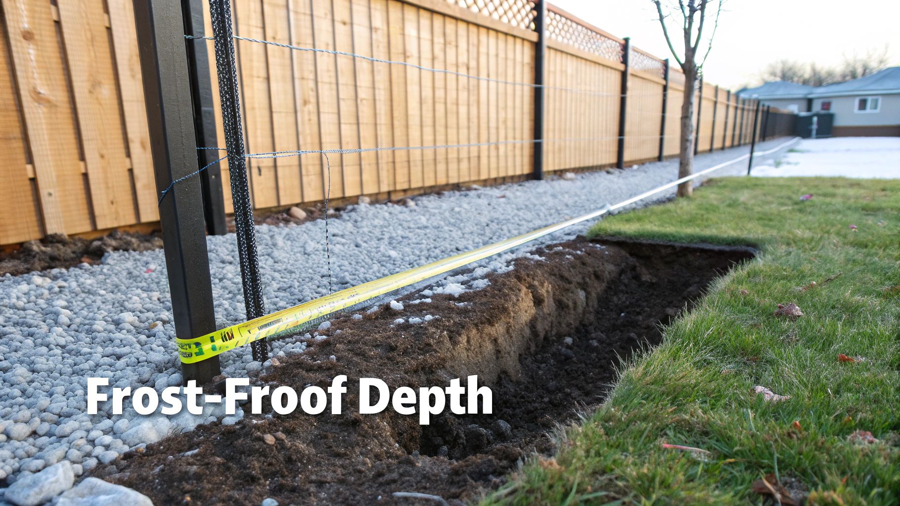 Measuring the frost-proof depth of a newly dug trench next to a wooden fence, gravel, and grass.