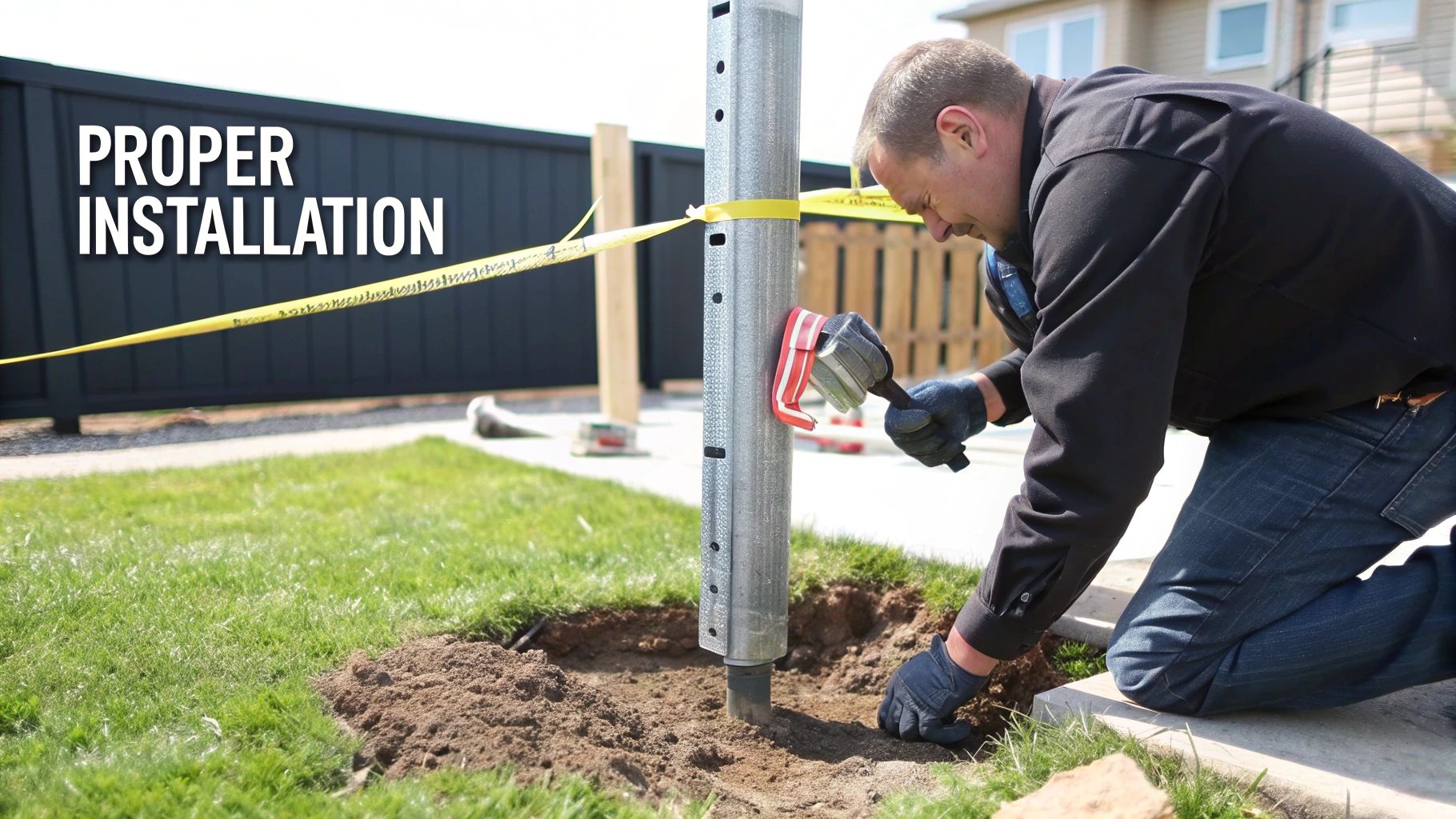 A man in gloves kneels on grass, installing a metal post for a fence, with a yellow safety ribbon.