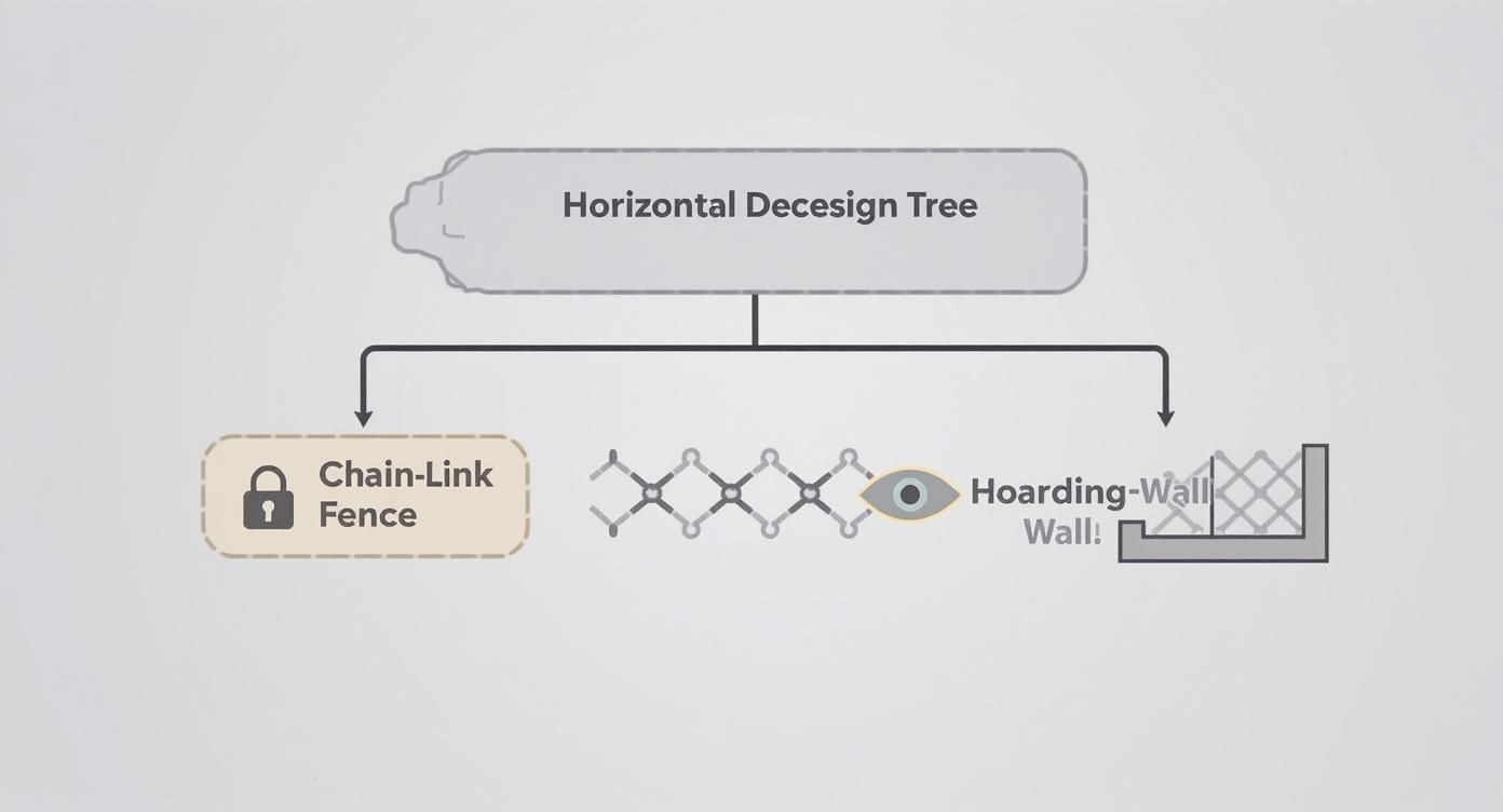 Horizontal decision tree diagram showing three construction fencing types: chain-link fence, hoarding wall, and privacy wall