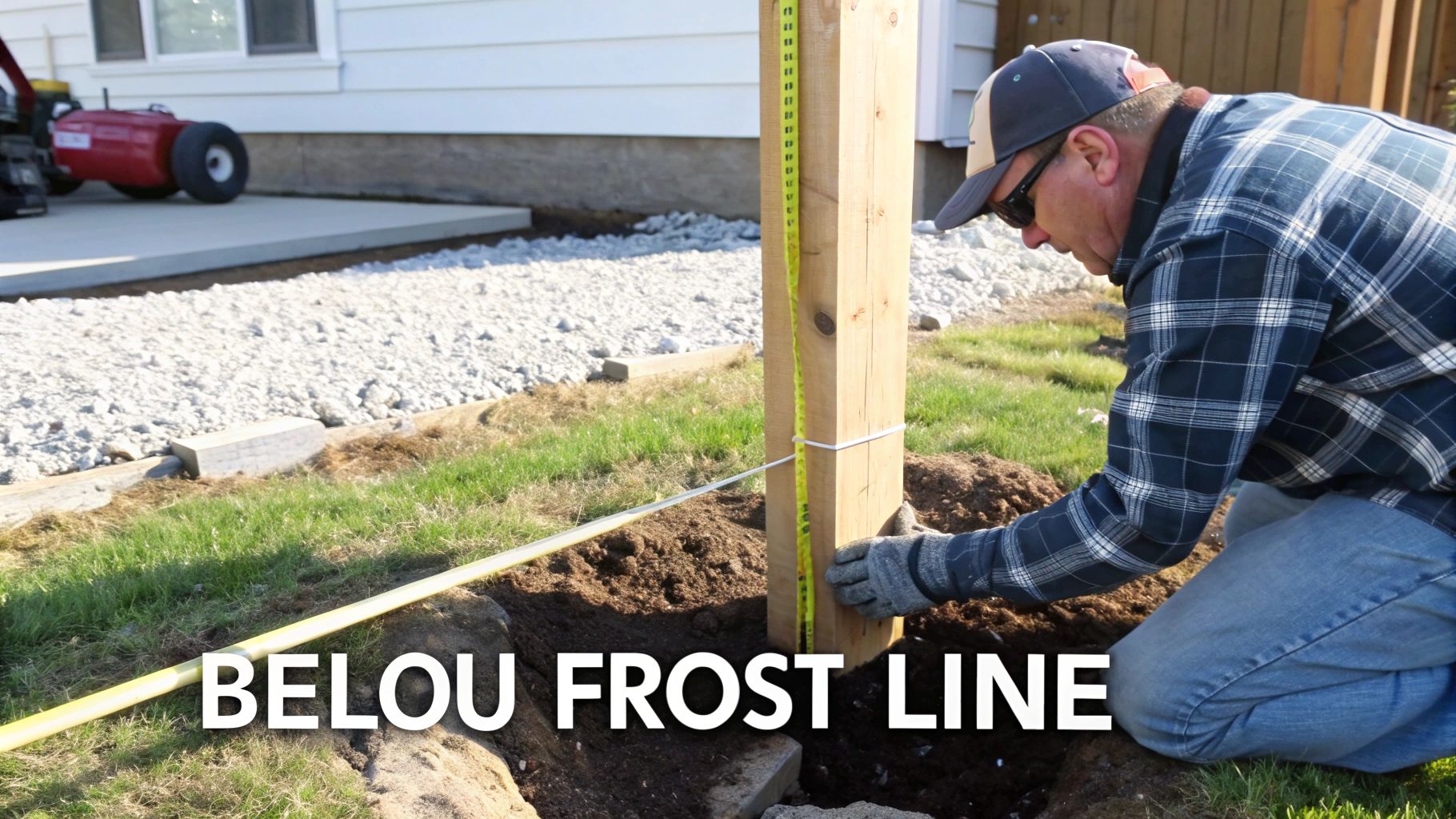 A man in a plaid shirt installing a wooden post, using a measuring tape for depth.