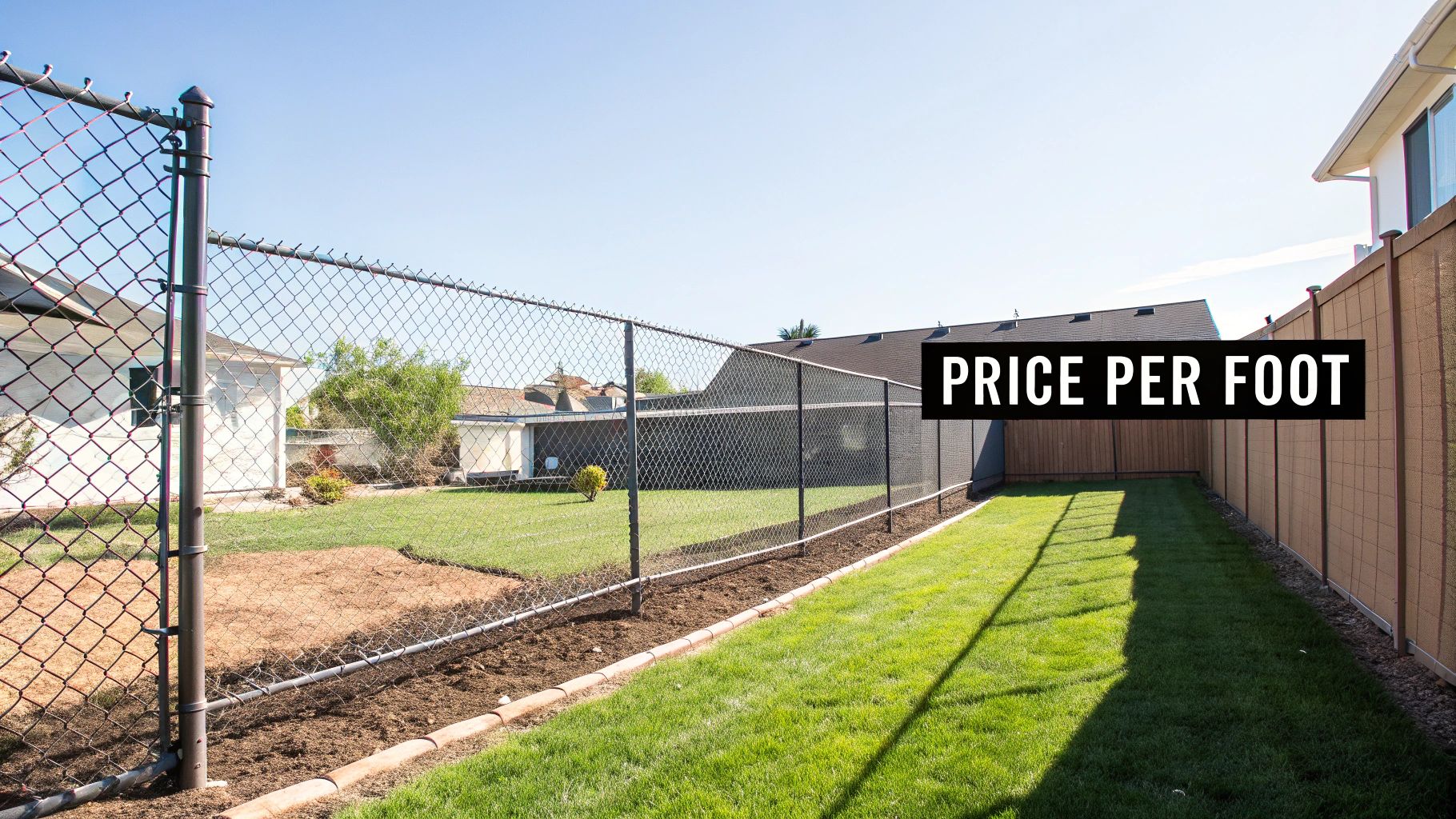 Residential backyard showing chain link fence on left and wood privacy fence on right comparison