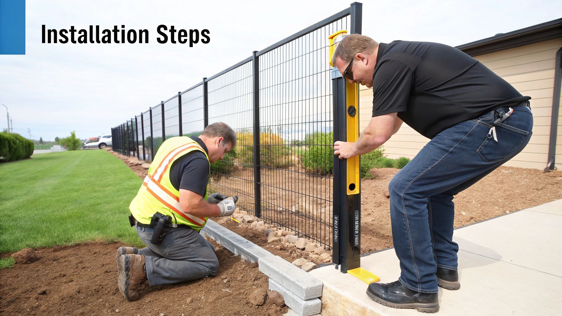 Two men install a black metal fence outdoors, one leveling a post, the other laying blocks.
