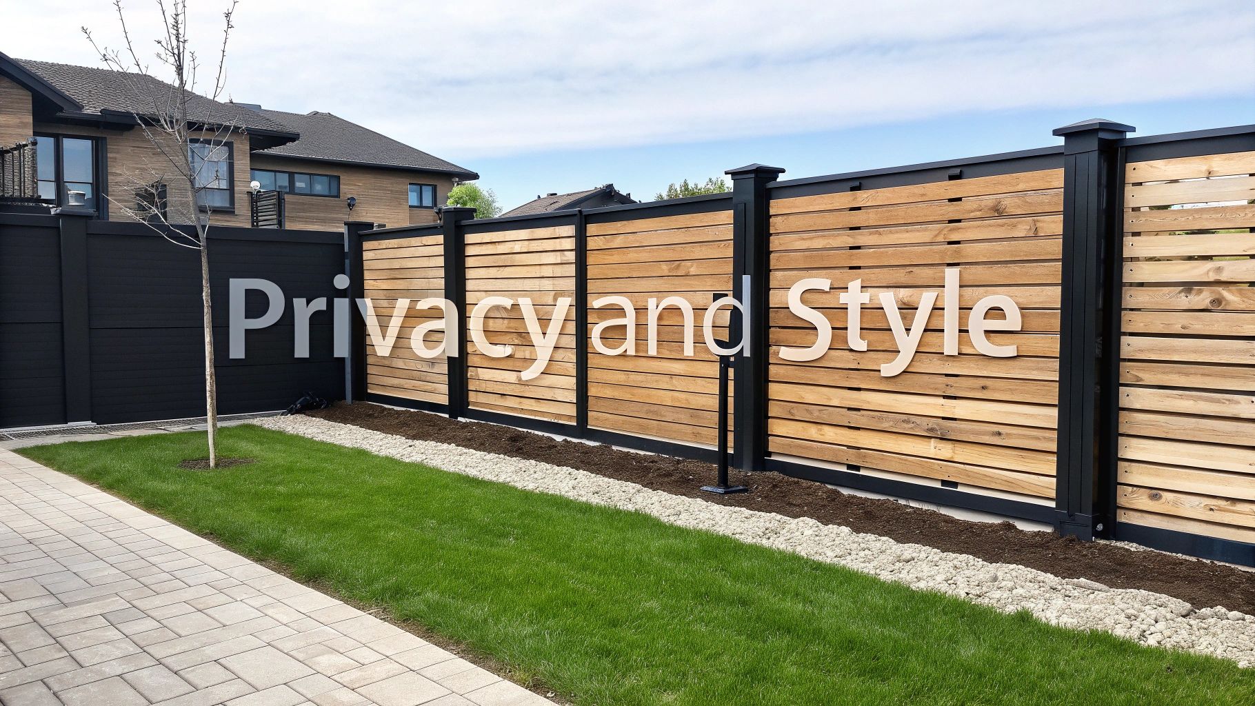 A modern privacy fence featuring horizontal wooden slats and black metal posts, next to a green lawn and paved path.