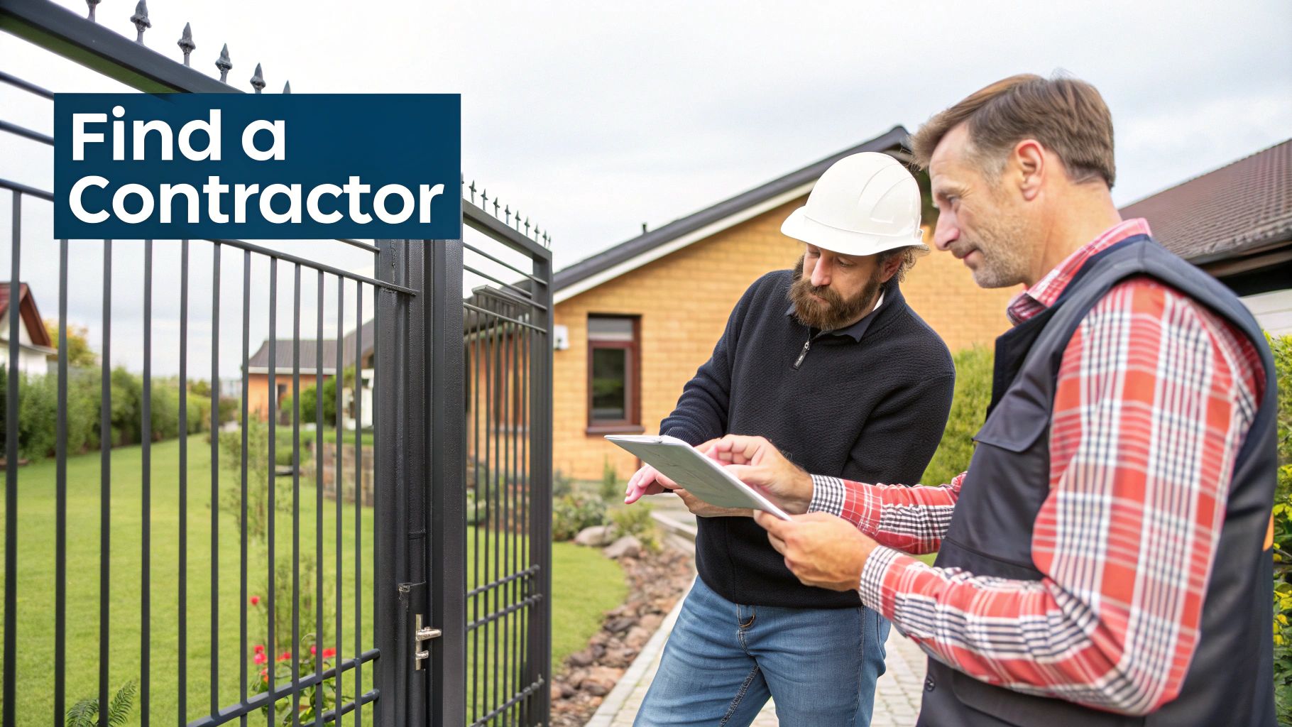 Two contractors, one in a hard hat, review plans on a tablet near a black metal fence.
