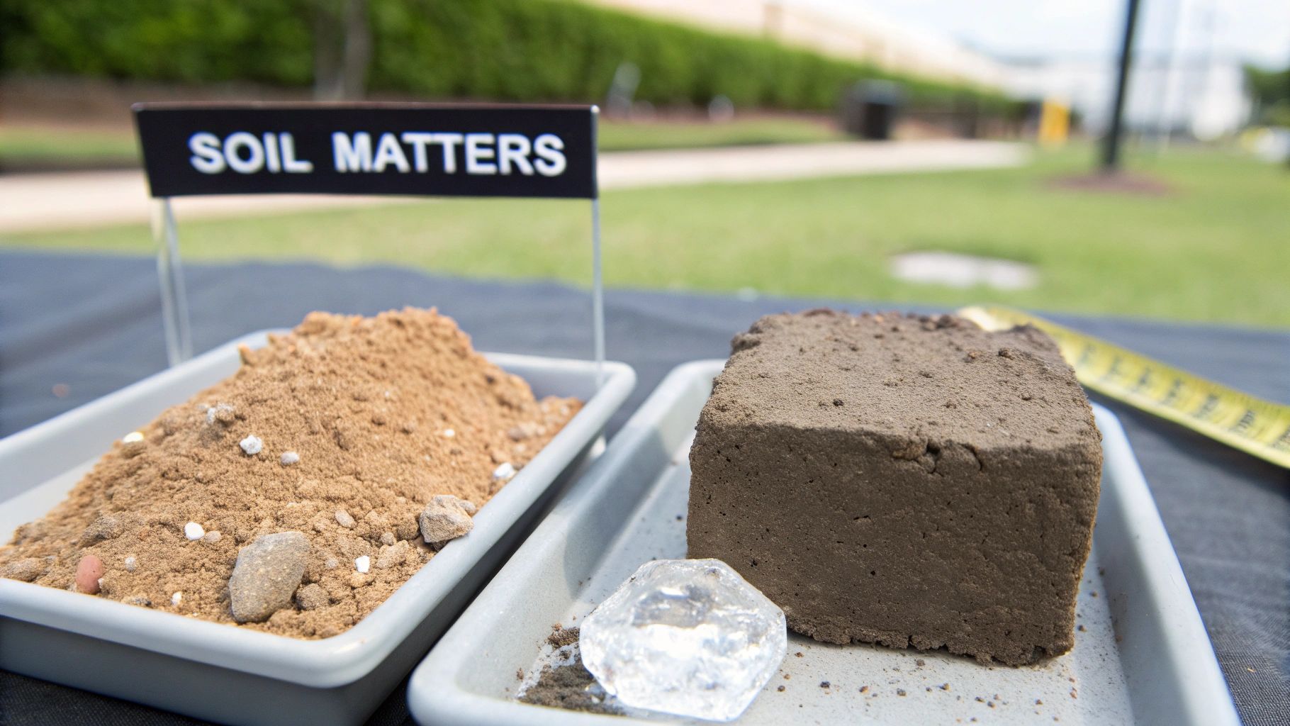 Two trays displaying different soil samples, one loose and one a compacted block, beside a &#39;SOIL MATTERS&#39; sign.