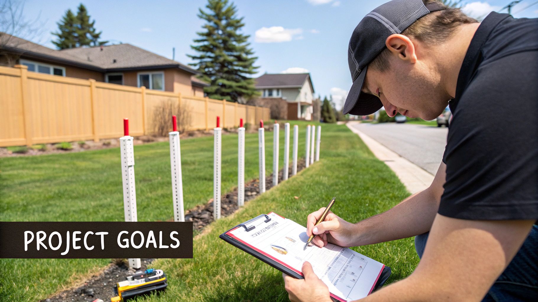 A man in a cap records project details on a clipboard with a row of property markers in a yard.