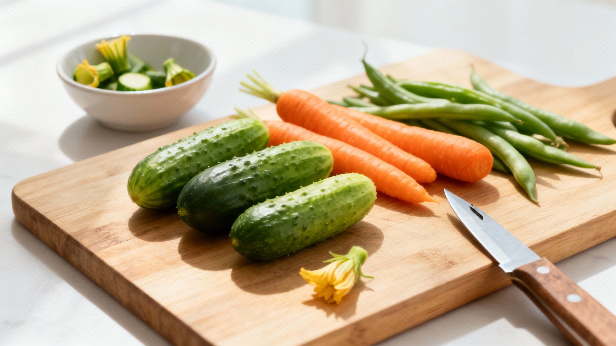 Fresh cucumbers, carrots, and green beans on a wooden cutting board with a knife and bowl.