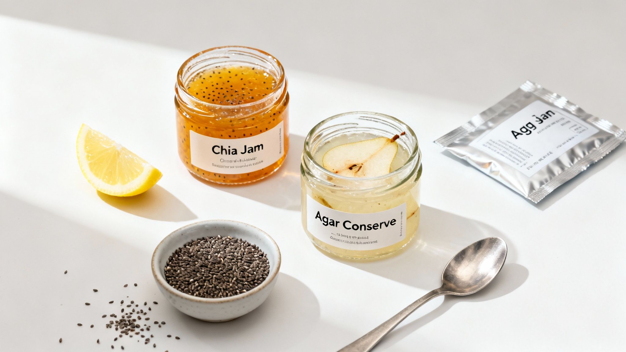 Two jars of homemade jam, a lemon slice, chia seeds, and a silver packet on a white surface.