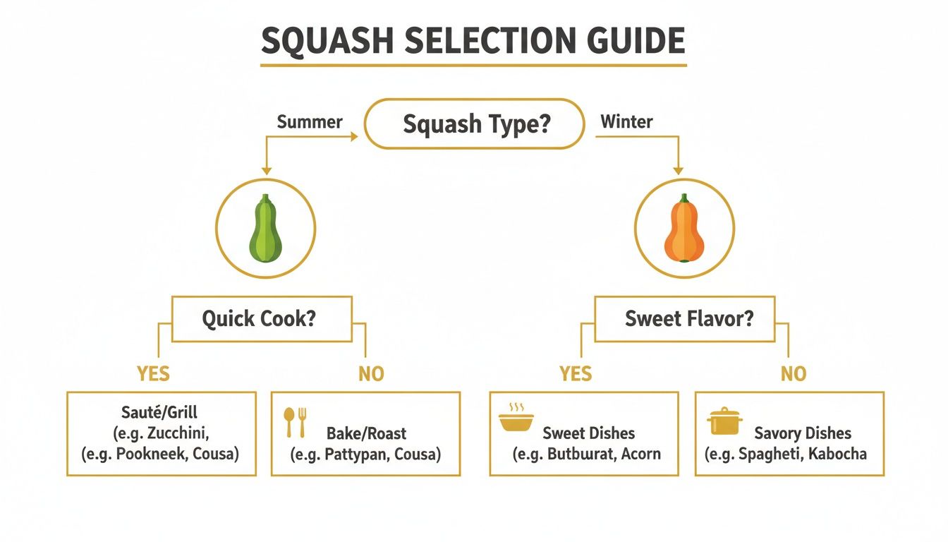 A squash selection guide flowchart detailing cooking methods for summer and winter squash.