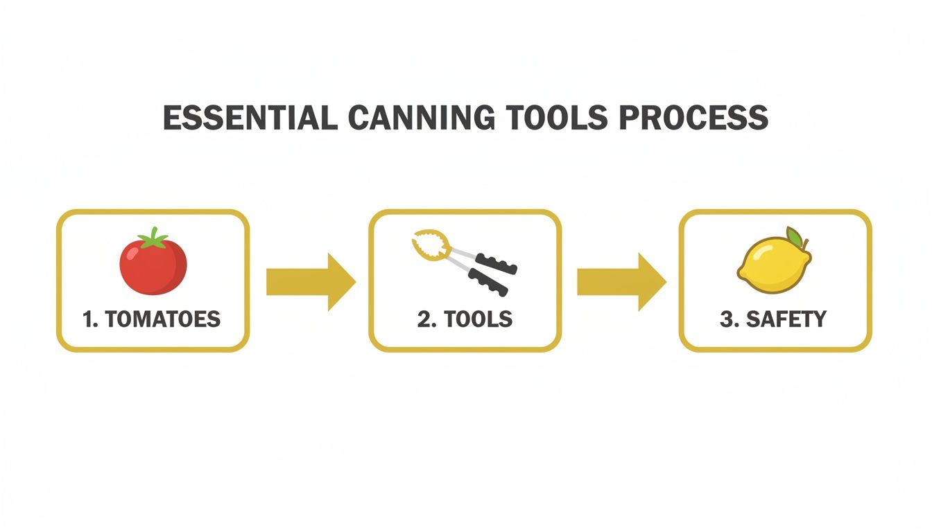 A flowchart titled 'Essential Canning Tools Process' showing steps: 1. Tomatoes, 2. Tools, 3. Safety.