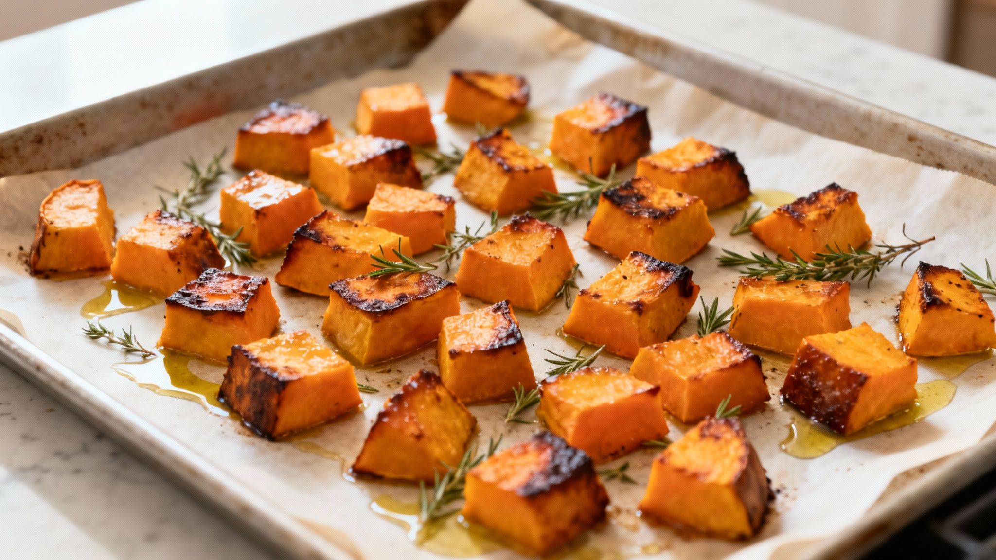 Golden roasted butternut squash cubes garnished with fresh rosemary and olive oil on a baking sheet.