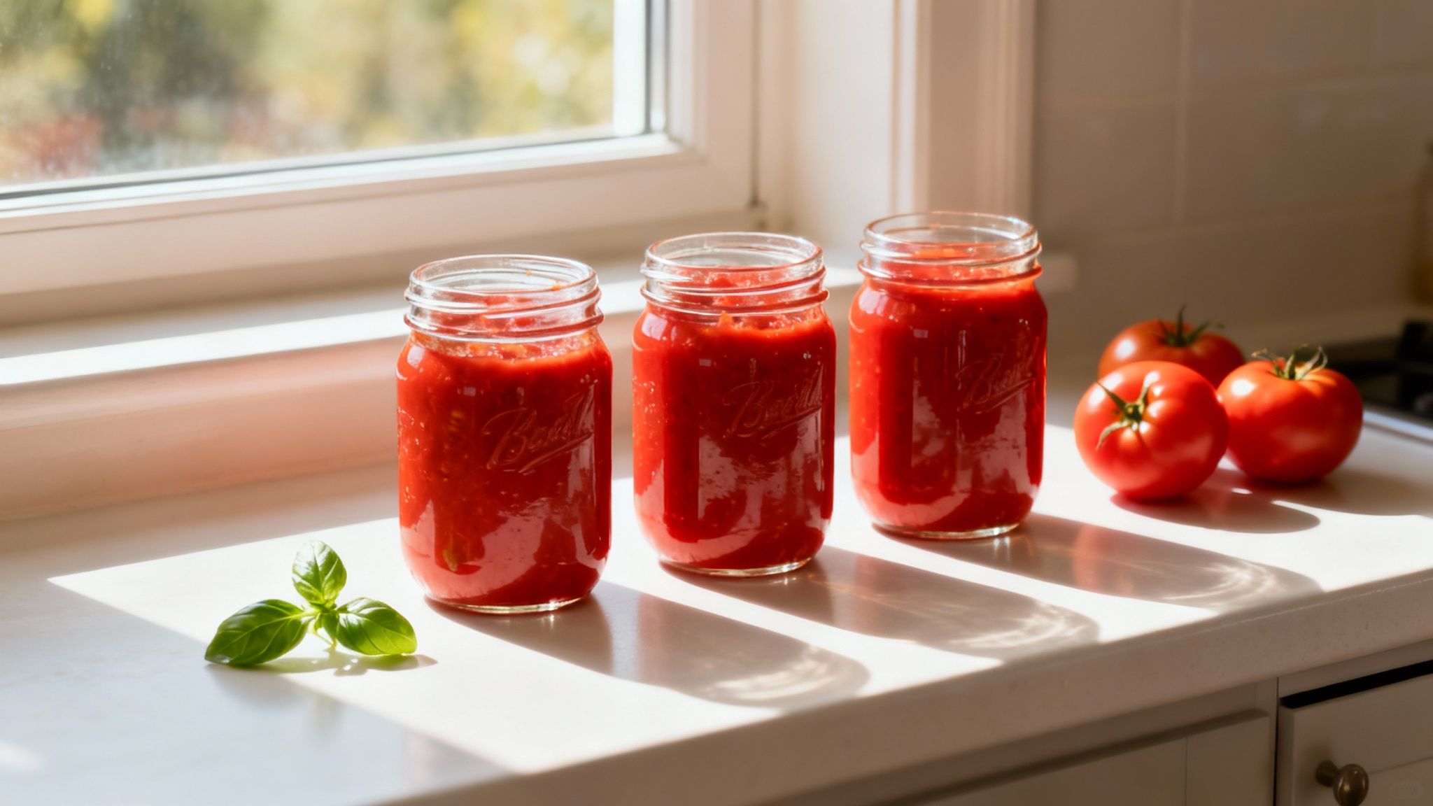 Three jars of homemade tomato sauce with fresh tomatoes and basil on a sunlit kitchen counter.