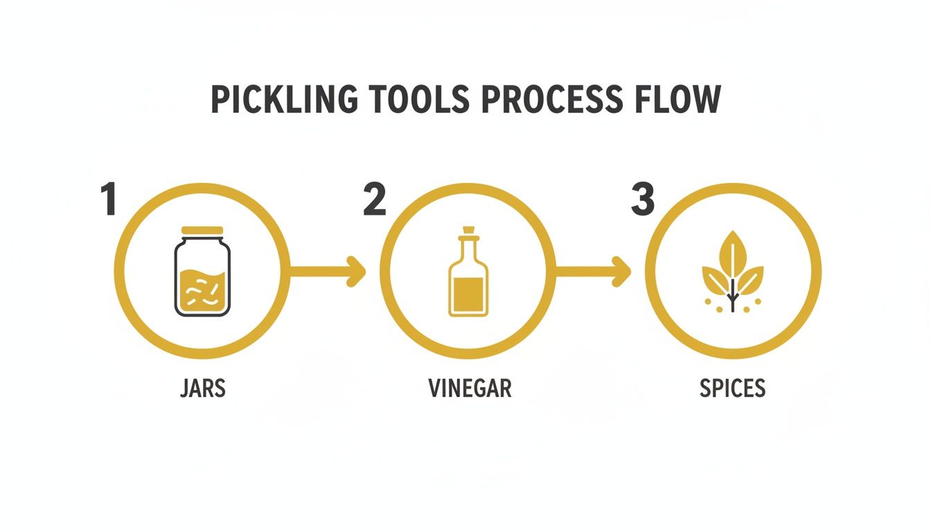 A pickling process flow diagram showing three steps: jars, vinegar, and spices with respective icons.