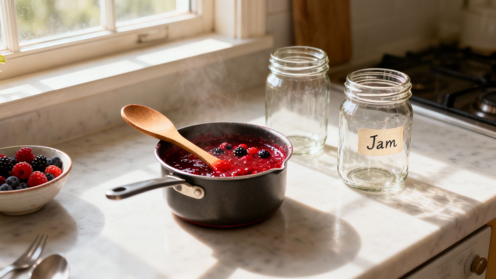 A pot of simmering berries and a wooden spoon, next to fresh fruit and jars for homemade jam.