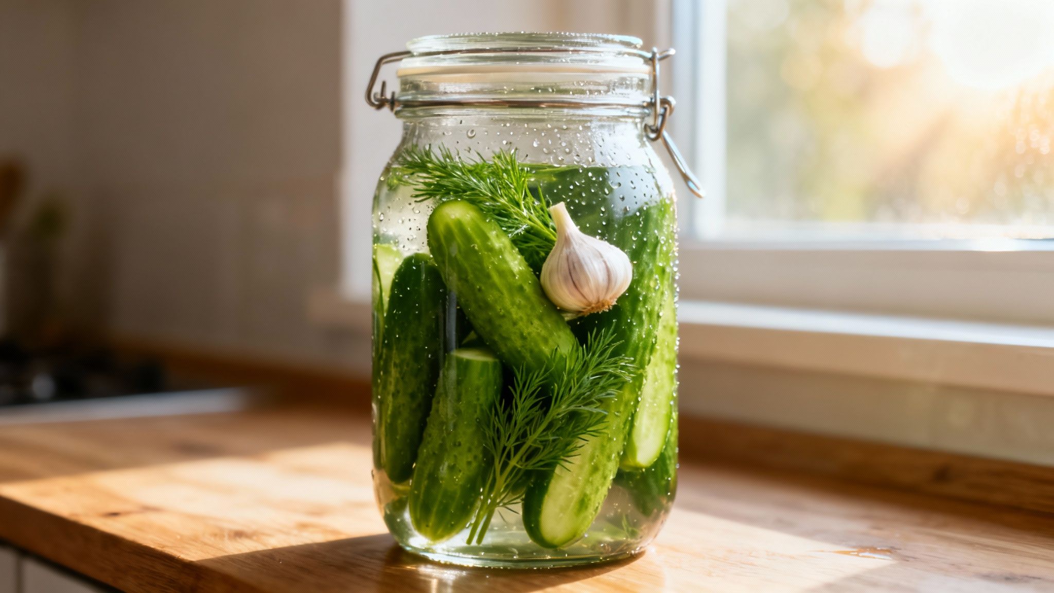 A glass jar with cucumbers, dill, and garlic steeping in liquid on a sunny kitchen counter.