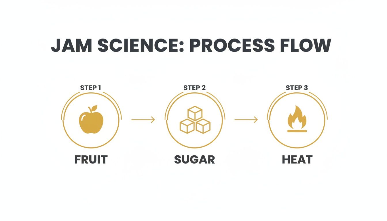 Infographic illustrating the three-step jam-making process: fruit, sugar, and heat.