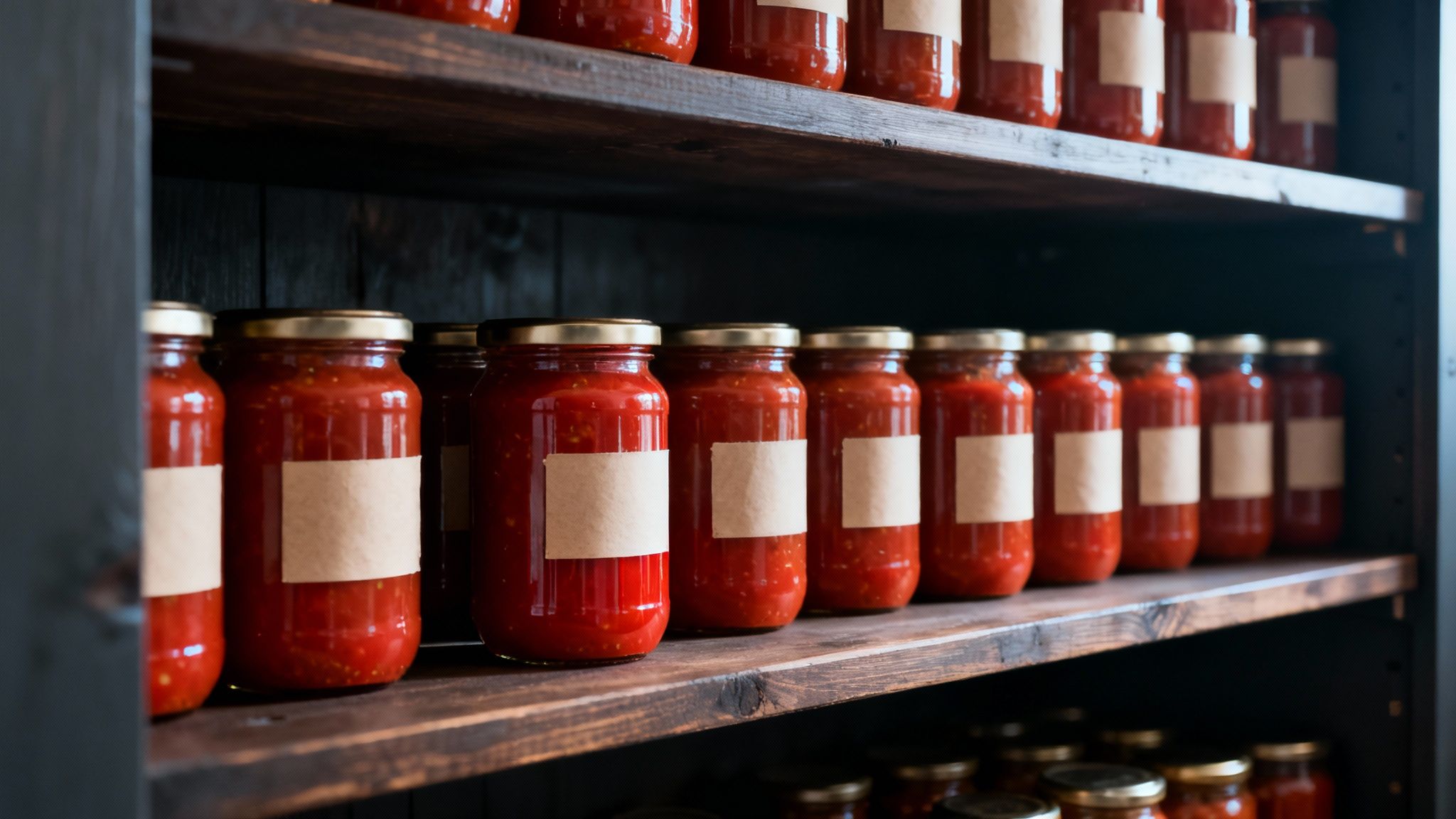 Rows of glass jars filled with red tomato sauce with blank labels on wooden shelves.