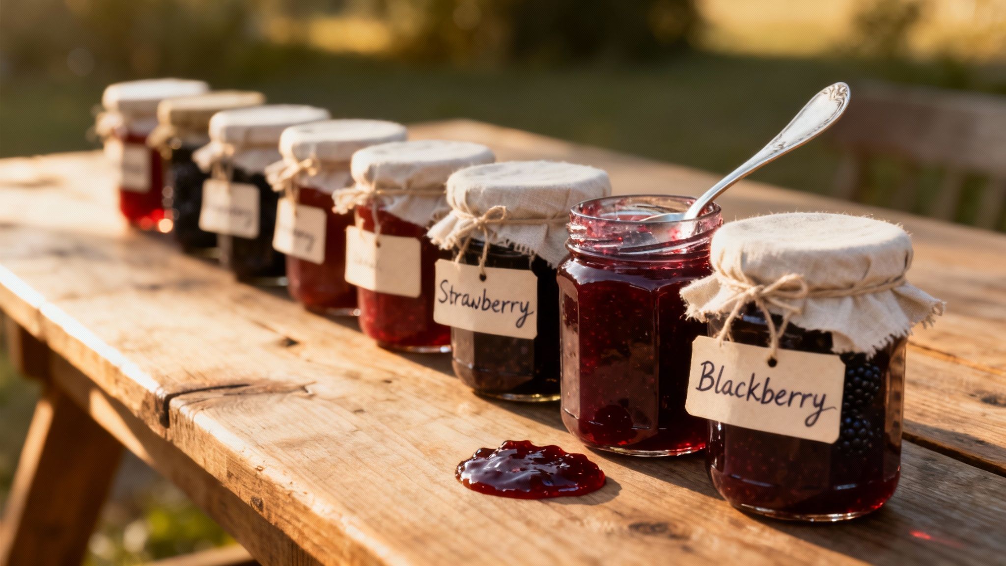 Homemade berry jams in labeled jars on a rustic wooden table, one open with a spoon.