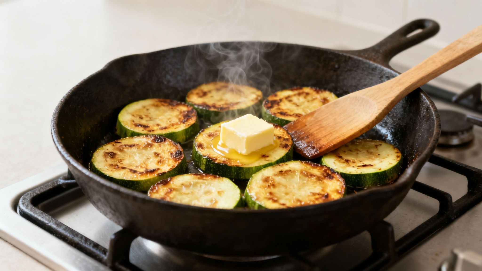 Close-up of zucchini slices frying in a hot skillet with melting butter and steam.