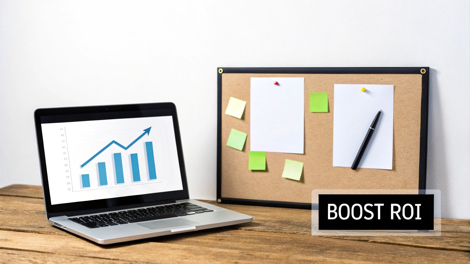Laptop displaying a rising graph next to a cork board with notes, showing a 'BOOST ROI' sign.