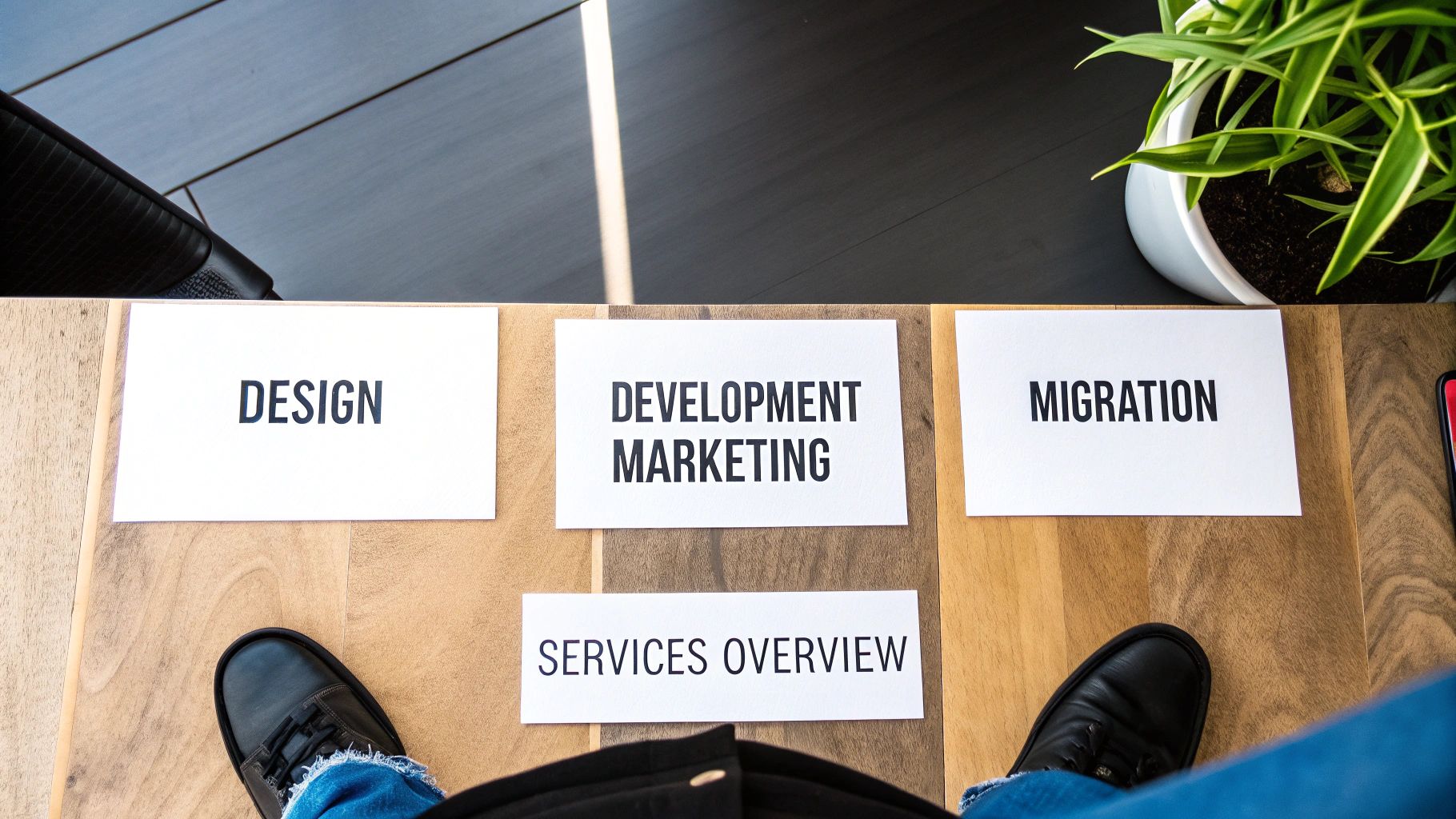 Overhead view of a person standing near cards displaying 'DESIGN', 'DEVELOPMENT MARKETING', 'MIGRATION', and 'SERVICES OVERVIEW' on a wooden floor.